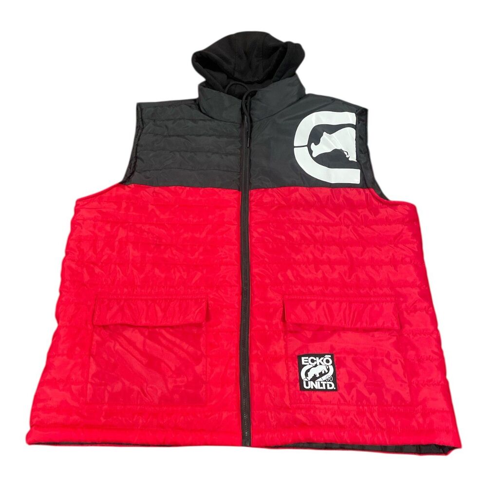 ECKO UNLTD VEST MEN'S BLACK RED WITH HOOD ZIP UP Y2K RETRO 3X